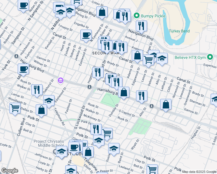 map of restaurants, bars, coffee shops, grocery stores, and more near 308 Stiles Street in Houston