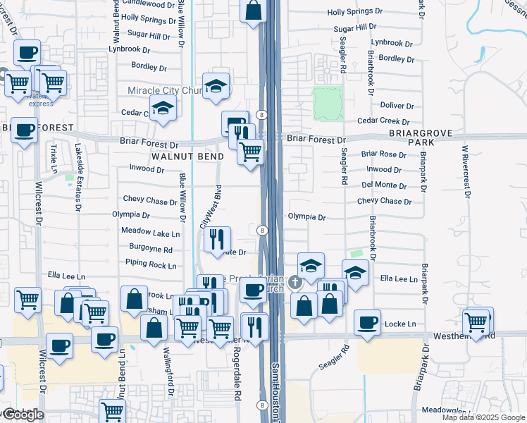 map of restaurants, bars, coffee shops, grocery stores, and more near 2050 West Sam Houston Parkway South in Houston