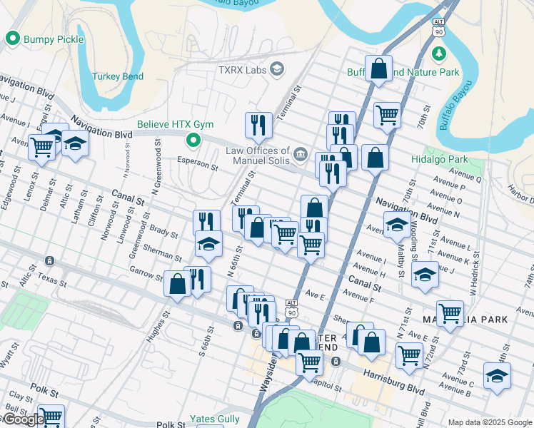 map of restaurants, bars, coffee shops, grocery stores, and more near 6611 Avenue I in Houston