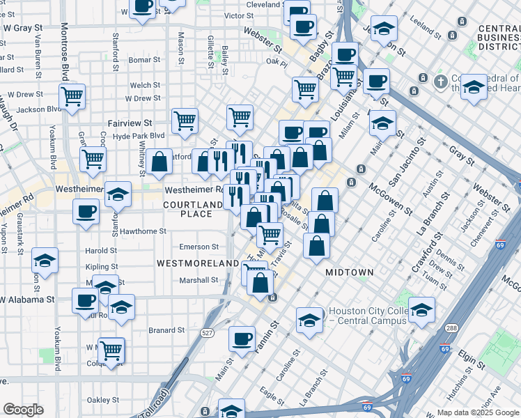 map of restaurants, bars, coffee shops, grocery stores, and more near 614 Elgin Street in Houston