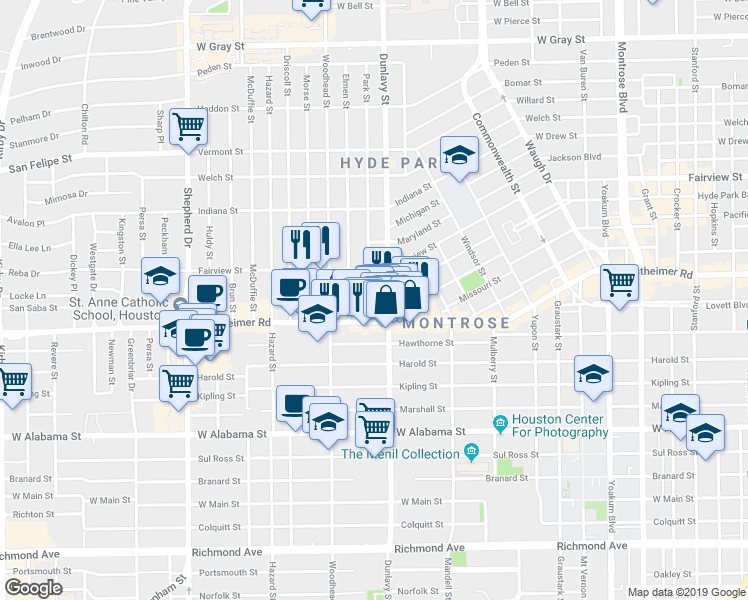 map of restaurants, bars, coffee shops, grocery stores, and more near 2504a Park Street in Houston