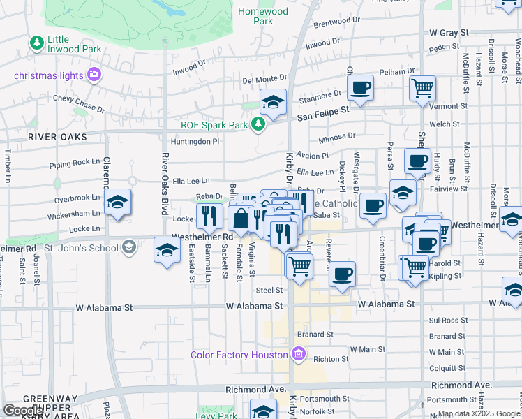 map of restaurants, bars, coffee shops, grocery stores, and more near 3044 Locke Lane in Houston
