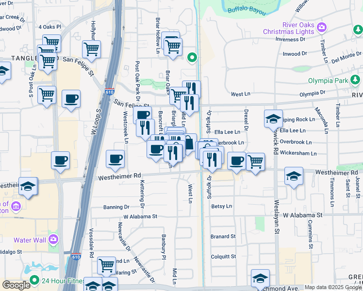 map of restaurants, bars, coffee shops, grocery stores, and more near 2311 Mid Lane in Houston