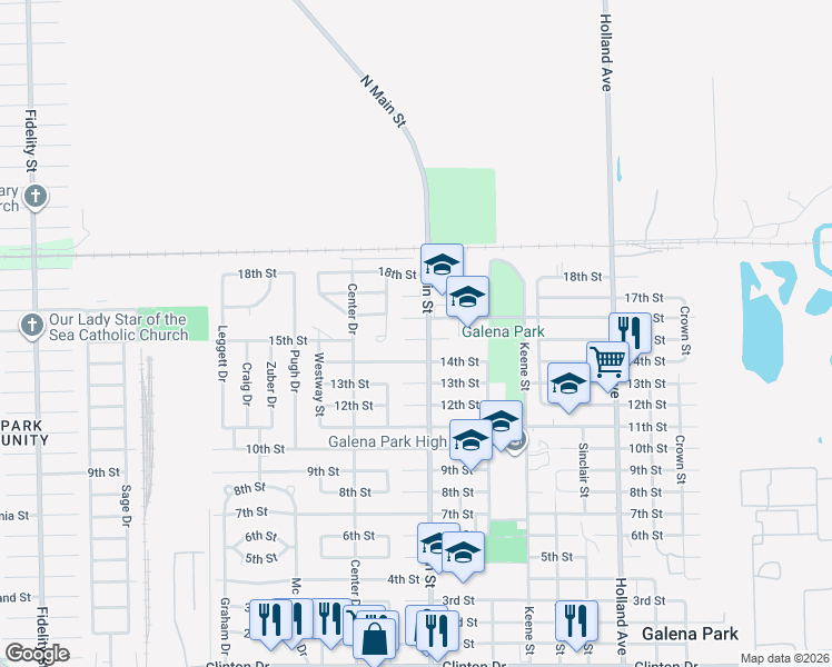 map of restaurants, bars, coffee shops, grocery stores, and more near 1909 15th Street in Galena Park