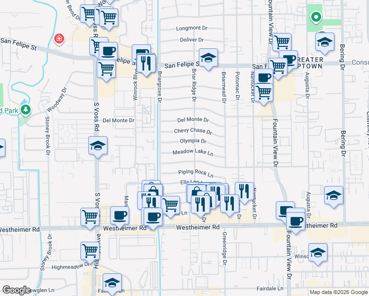 map of restaurants, bars, coffee shops, grocery stores, and more near 6212 Meadow Lake Lane in Houston