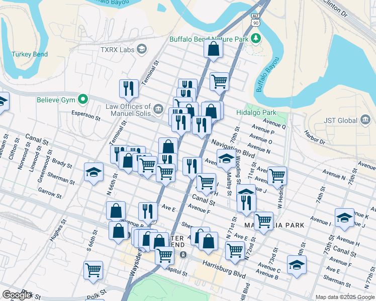map of restaurants, bars, coffee shops, grocery stores, and more near 6819 Avenue K in Houston