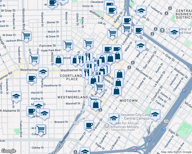 map of restaurants, bars, coffee shops, grocery stores, and more near 3101 Smith Street in Houston
