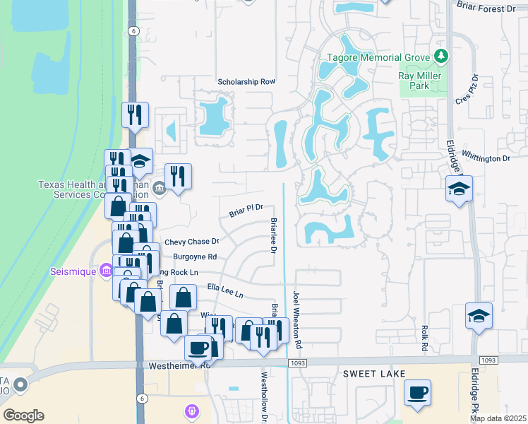 map of restaurants, bars, coffee shops, grocery stores, and more near 13911 Briar Place Drive in Houston