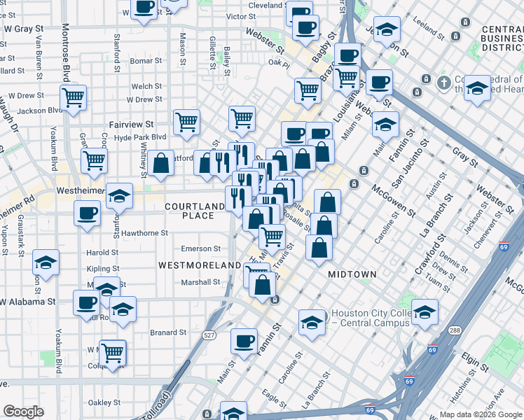 map of restaurants, bars, coffee shops, grocery stores, and more near 3125 Smith Street in Houston