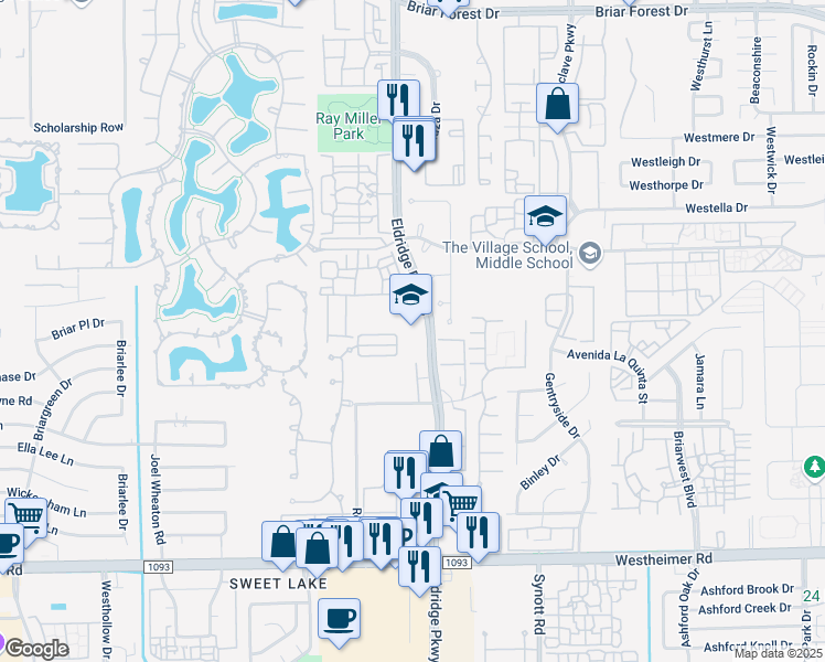 map of restaurants, bars, coffee shops, grocery stores, and more near 2150 Eldridge Pkwy in Houston