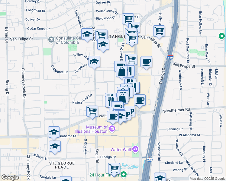 map of restaurants, bars, coffee shops, grocery stores, and more near 2320 McCue Road in Houston