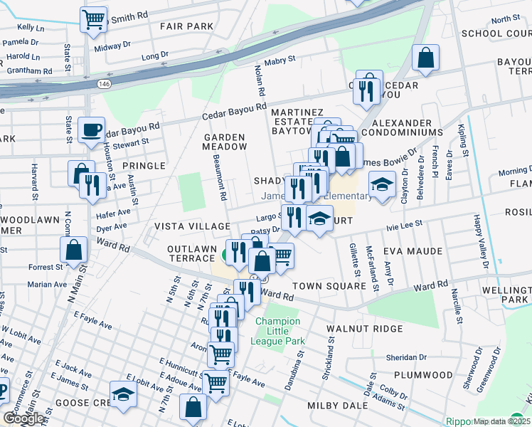 map of restaurants, bars, coffee shops, grocery stores, and more near 1000 Largo Street in Baytown