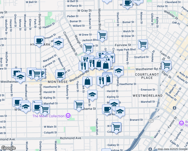 map of restaurants, bars, coffee shops, grocery stores, and more near 1110 Lovett Boulevard in Houston