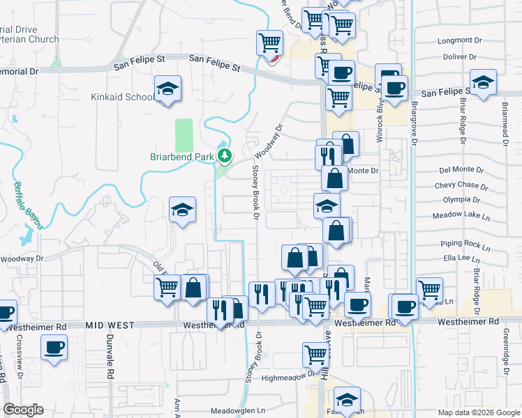 map of restaurants, bars, coffee shops, grocery stores, and more near 2215 Stoney Brook Drive in Houston