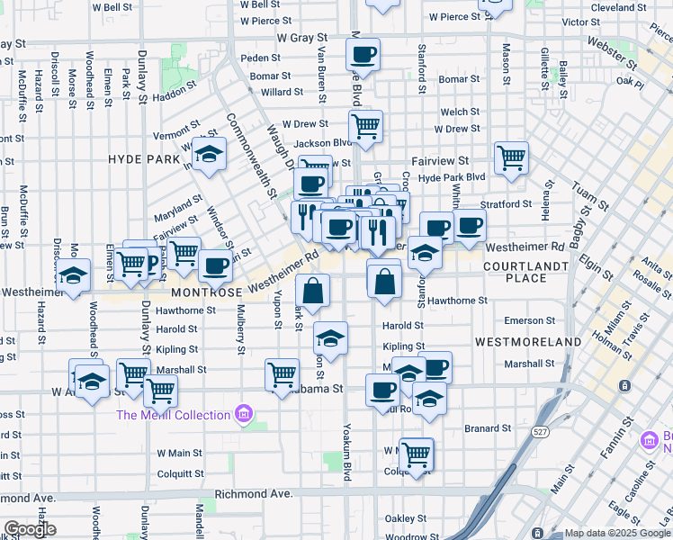 map of restaurants, bars, coffee shops, grocery stores, and more near 1110 Lovett Boulevard in Houston