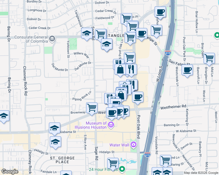 map of restaurants, bars, coffee shops, grocery stores, and more near 2320 McCue Road in Houston