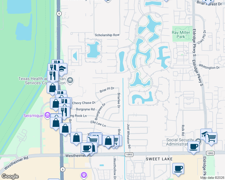 map of restaurants, bars, coffee shops, grocery stores, and more near 13915 Briar Place Drive in Houston