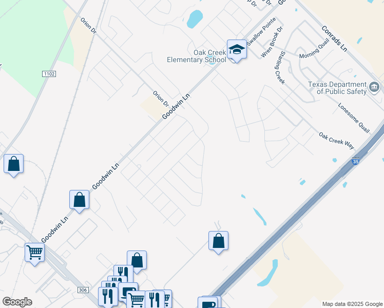 map of restaurants, bars, coffee shops, grocery stores, and more near 365 Orion Drive in New Braunfels