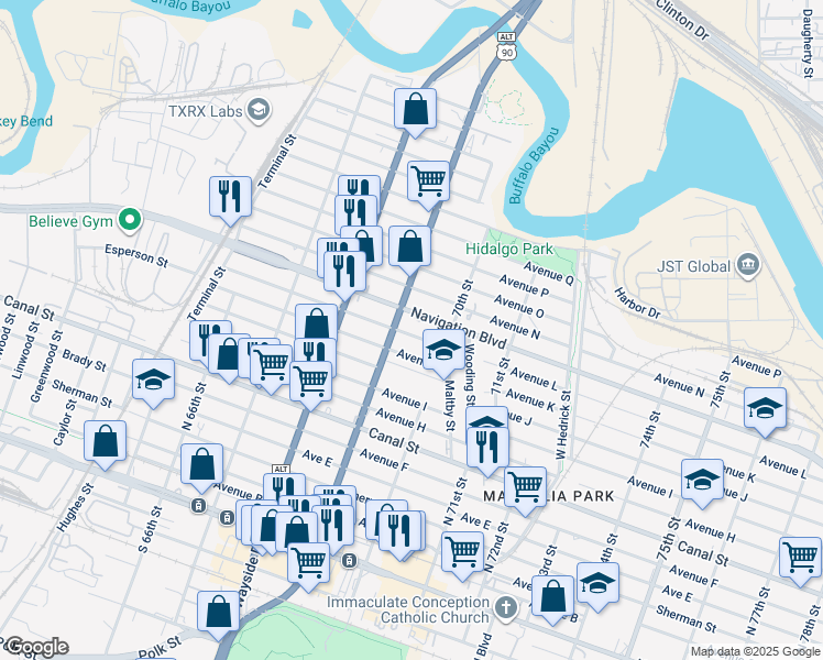 map of restaurants, bars, coffee shops, grocery stores, and more near 6906 Avenue L in Houston