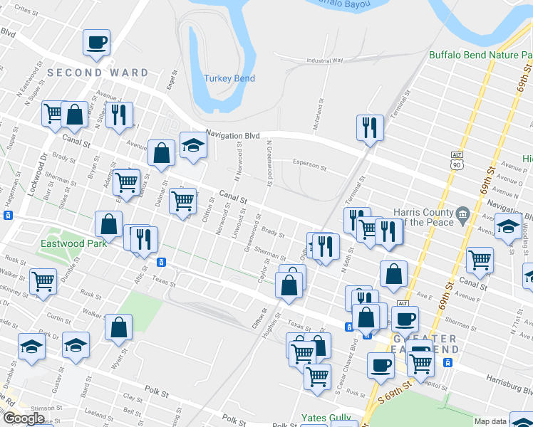 map of restaurants, bars, coffee shops, grocery stores, and more near 20 Greenwood Street in Houston