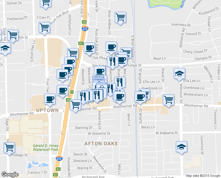 map of restaurants, bars, coffee shops, grocery stores, and more near 4444 Westheimer Road in Houston
