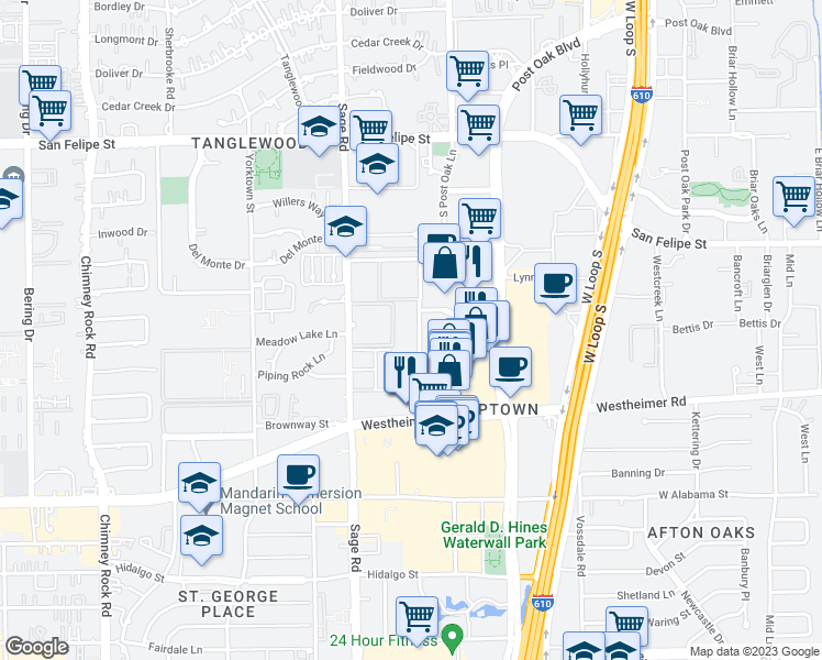 map of restaurants, bars, coffee shops, grocery stores, and more near 2320 McCue Road in Houston