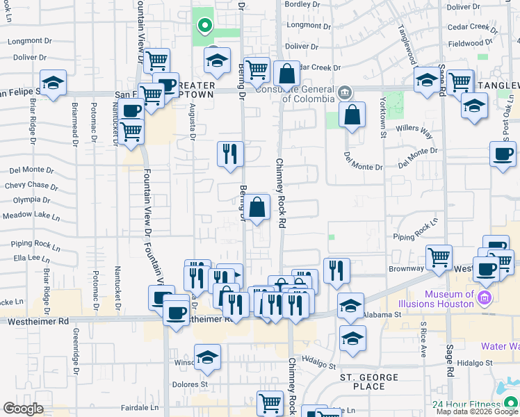 map of restaurants, bars, coffee shops, grocery stores, and more near 2345 Bering Drive in Houston