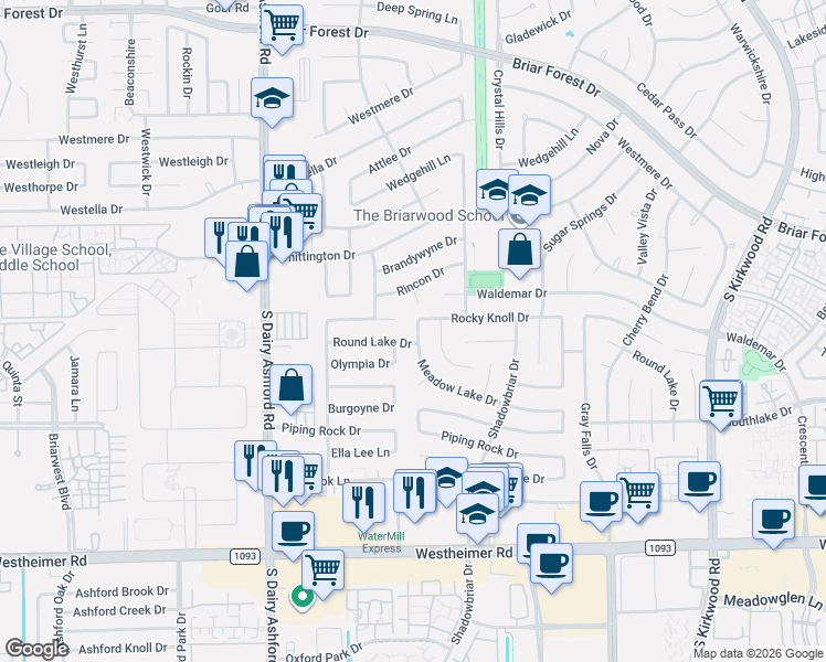 map of restaurants, bars, coffee shops, grocery stores, and more near 1847 Round Lake Drive in Houston