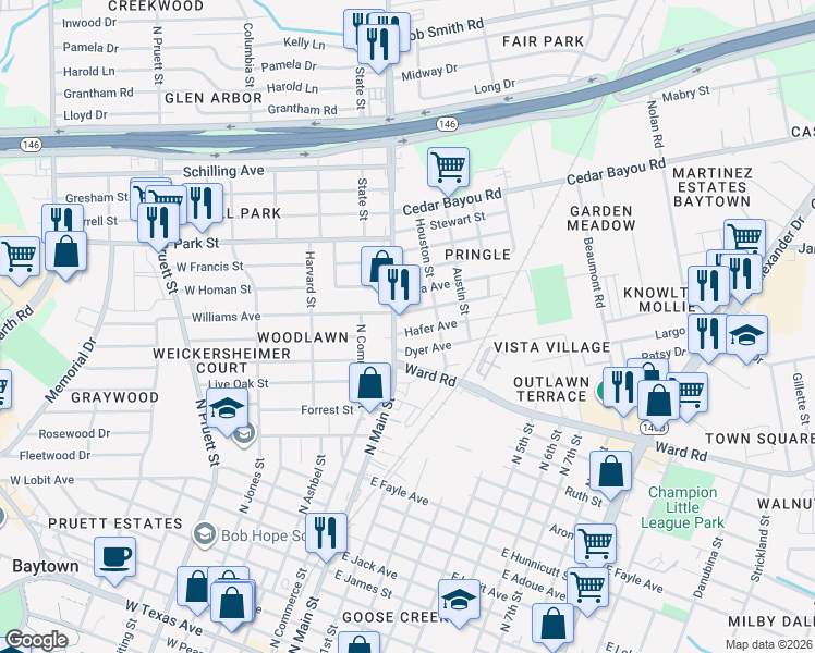 map of restaurants, bars, coffee shops, grocery stores, and more near 1600 North Main Street in Baytown