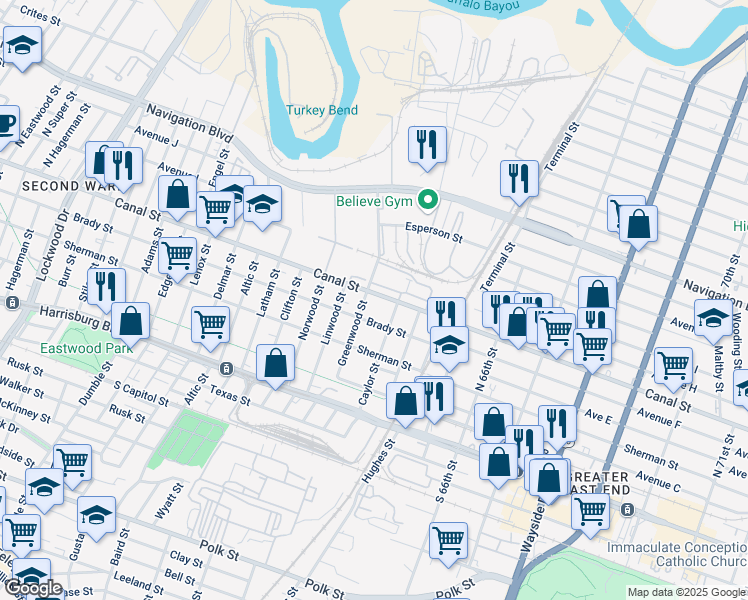 map of restaurants, bars, coffee shops, grocery stores, and more near 20 Greenwood Street in Houston