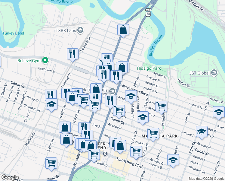 map of restaurants, bars, coffee shops, grocery stores, and more near 6819 Avenue K in Houston