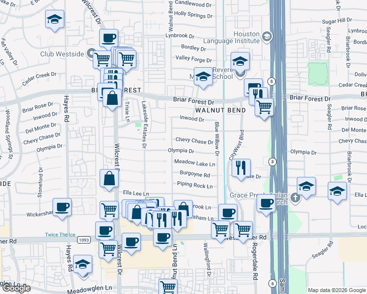 map of restaurants, bars, coffee shops, grocery stores, and more near 10722 Olympia Drive in Houston