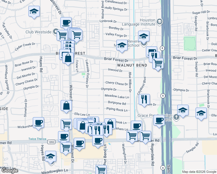 map of restaurants, bars, coffee shops, grocery stores, and more near 10722 Olympia Dr in Houston