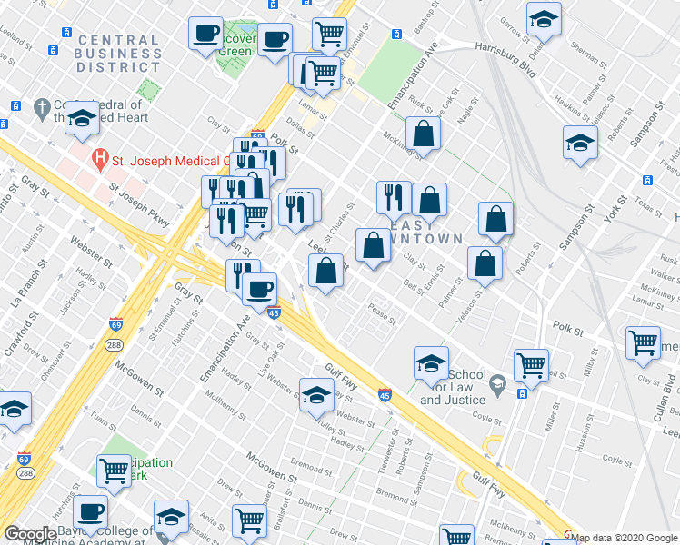 map of restaurants, bars, coffee shops, grocery stores, and more near 2604 Leeland Street in Houston