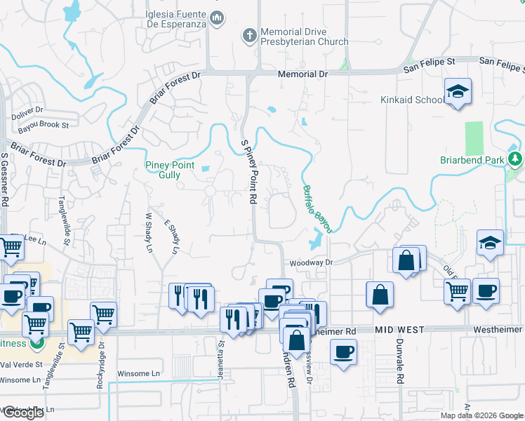 map of restaurants, bars, coffee shops, grocery stores, and more near 23 Windermere Lane in Houston