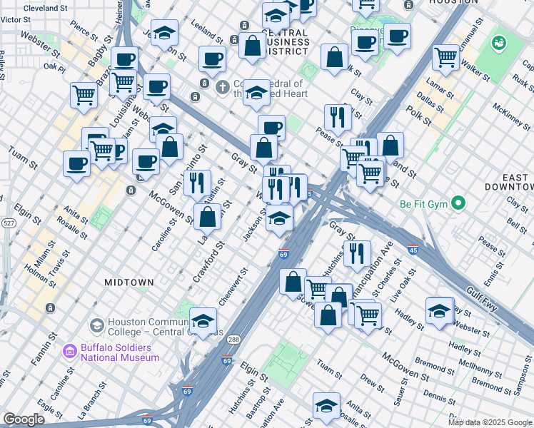 map of restaurants, bars, coffee shops, grocery stores, and more near 1715 Hadley Street in Houston