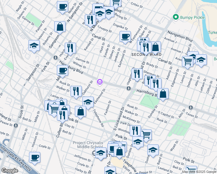 map of restaurants, bars, coffee shops, grocery stores, and more near 4413 Rusk Street in Houston