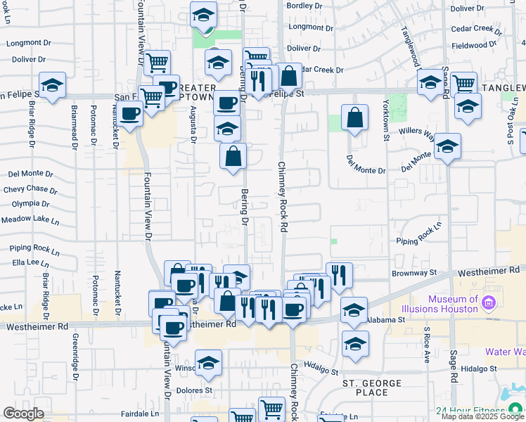 map of restaurants, bars, coffee shops, grocery stores, and more near 2345 Bering Drive in Houston
