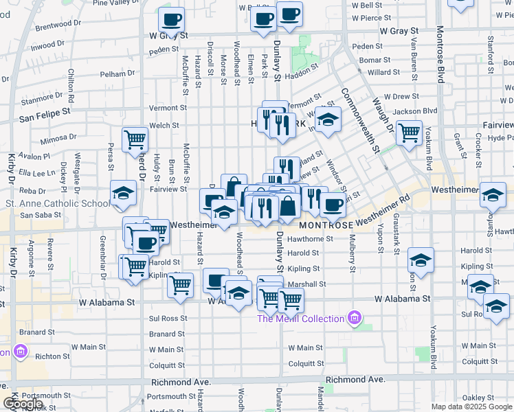map of restaurants, bars, coffee shops, grocery stores, and more near 2504a Park Street in Houston