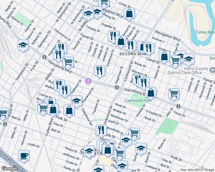 map of restaurants, bars, coffee shops, grocery stores, and more near 4530 Harrisburg Boulevard in Houston