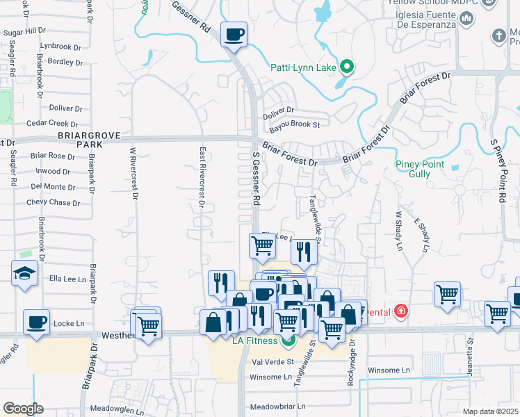 map of restaurants, bars, coffee shops, grocery stores, and more near 2021 South Gessner Road in Houston