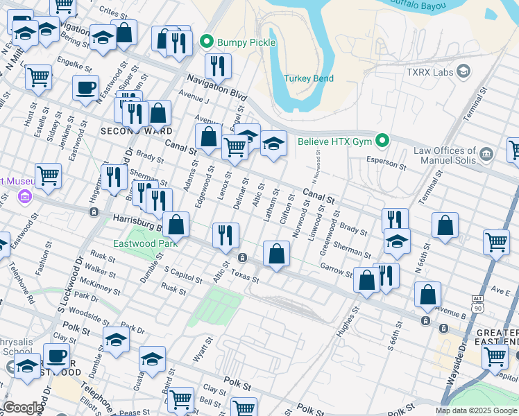 map of restaurants, bars, coffee shops, grocery stores, and more near 5515 Sherman Street in Houston
