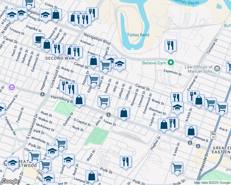 map of restaurants, bars, coffee shops, grocery stores, and more near 5515 Sherman Street in Houston