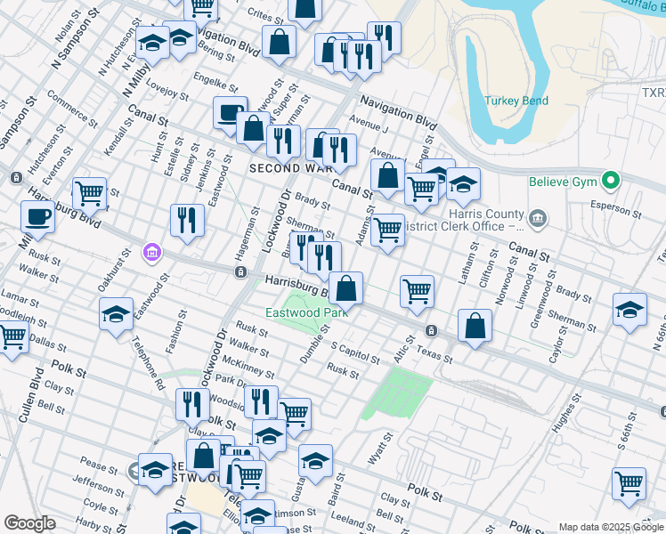 map of restaurants, bars, coffee shops, grocery stores, and more near 301 Bryan Street in Houston