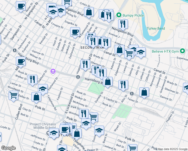 map of restaurants, bars, coffee shops, grocery stores, and more near 308 Stiles Street in Houston