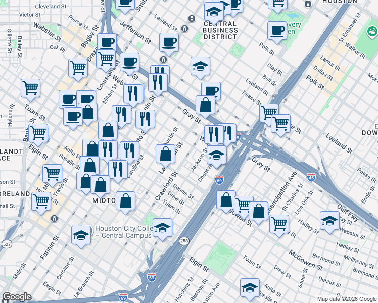 map of restaurants, bars, coffee shops, grocery stores, and more near 1500 Hadley Street in Houston