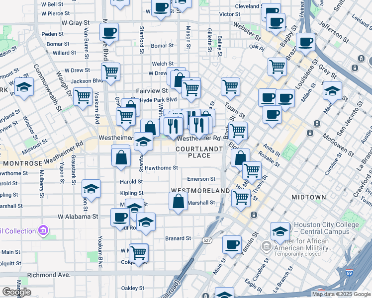 map of restaurants, bars, coffee shops, grocery stores, and more near 17 Courtlandt Place in Houston