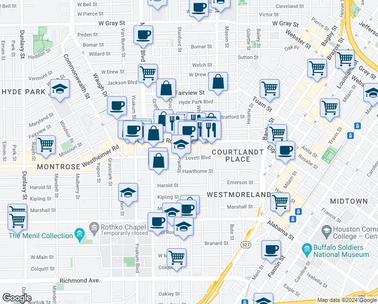map of restaurants, bars, coffee shops, grocery stores, and more near in Houston