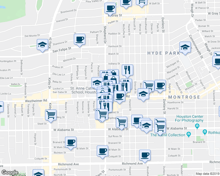 map of restaurants, bars, coffee shops, grocery stores, and more near 2501 Shepherd Drive in Houston