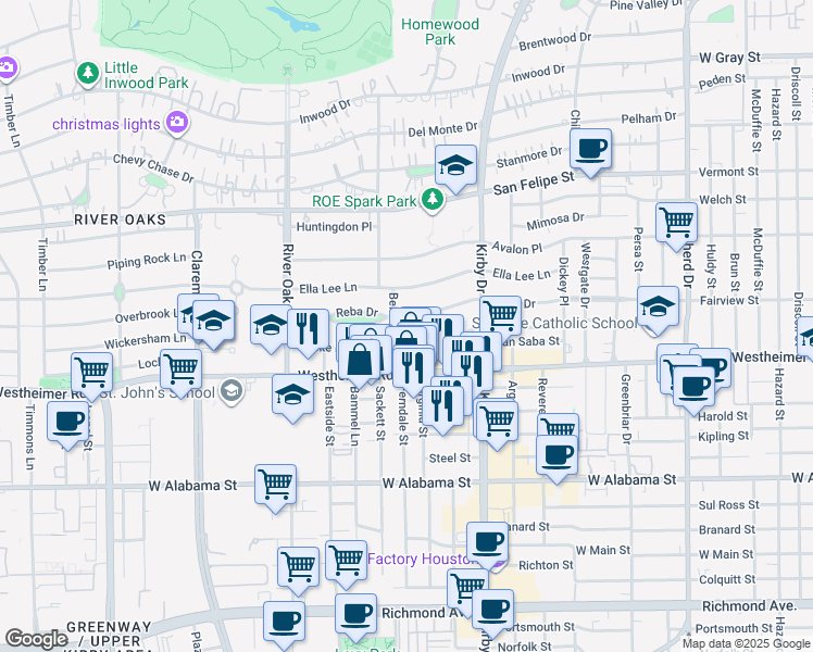 map of restaurants, bars, coffee shops, grocery stores, and more near 3102 Locke Lane in Houston